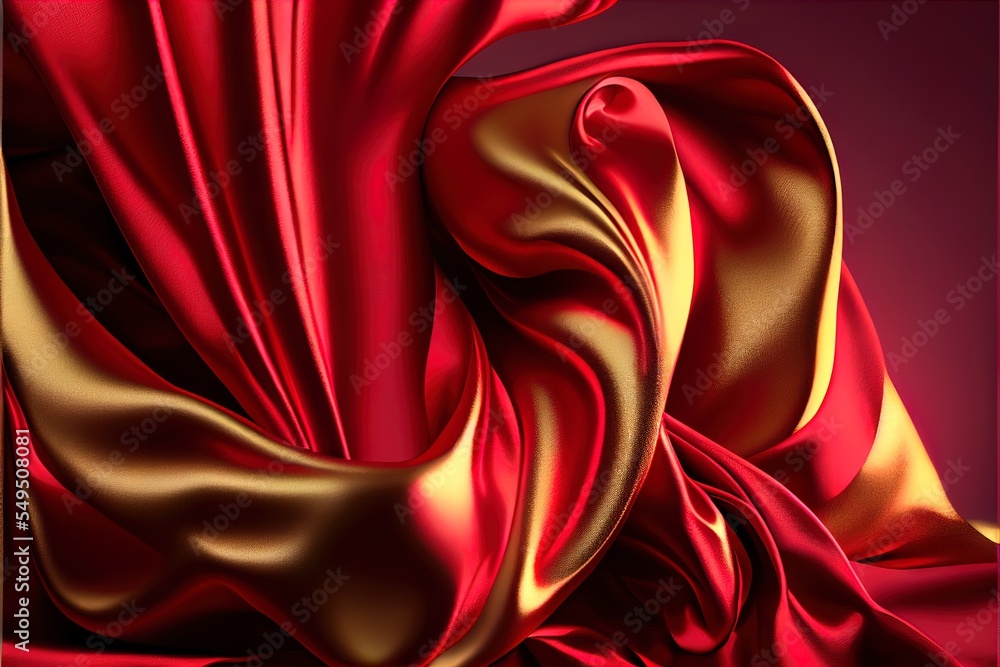 Poster a red and gold silk fabric with a black background and a gold border on the bottom of the image. gen