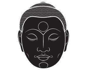 Black silhouette of Buddha face isolated on white. Esoteric vintage vector illustration. Indian, Buddhist, spiritual art.