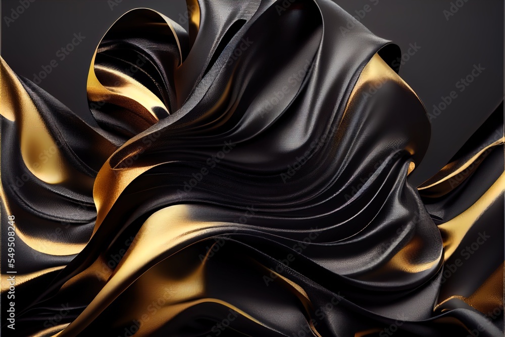 Poster a black and gold abstract background with wavy lines and curves of fabric. generative ai