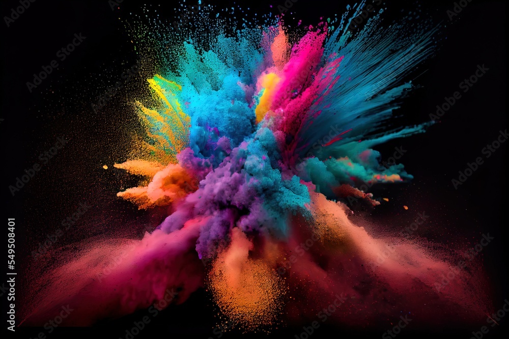 Poster a colorful explosion of colored powder on a black background with a black background and a black bac
