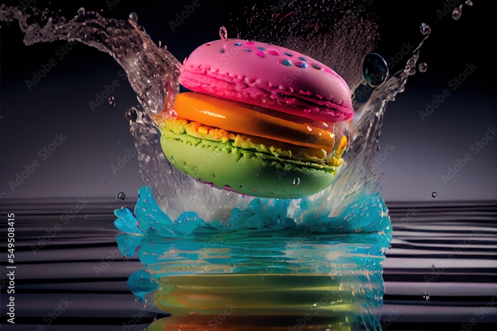 Poster a colorful doughnut splashing into the water with a splash of water on it's side and a splash of wat