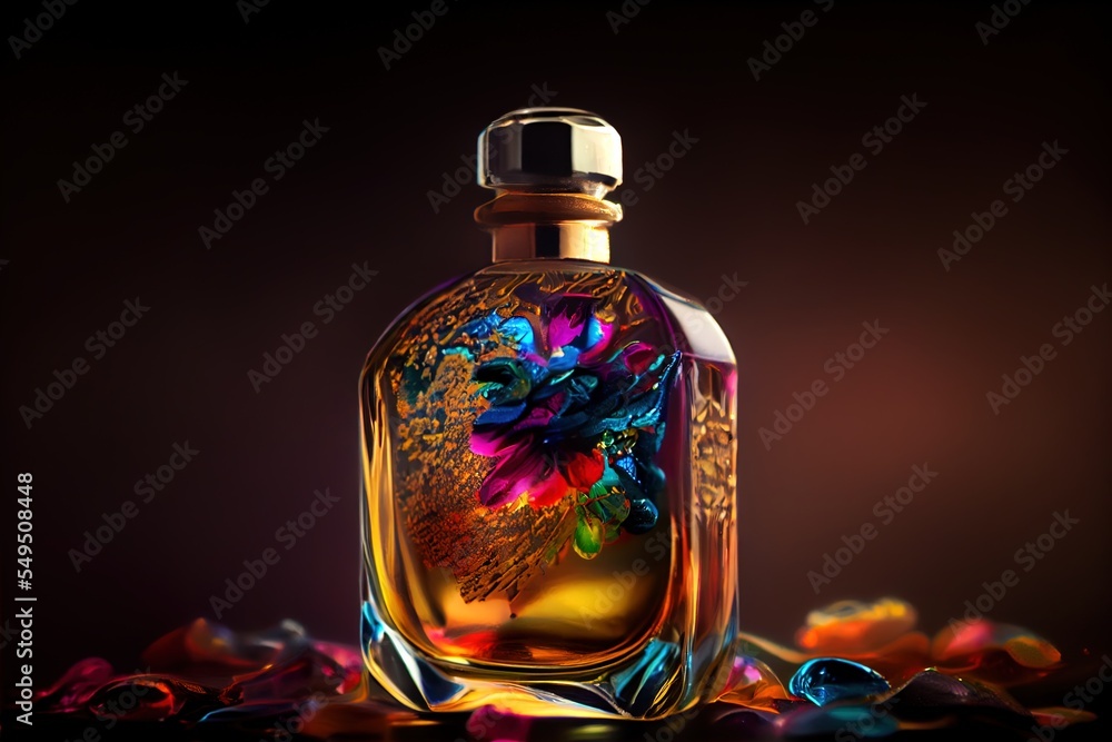 Poster a bottle of perfume with a colorful flower in it on a table with a black background and a few scatte