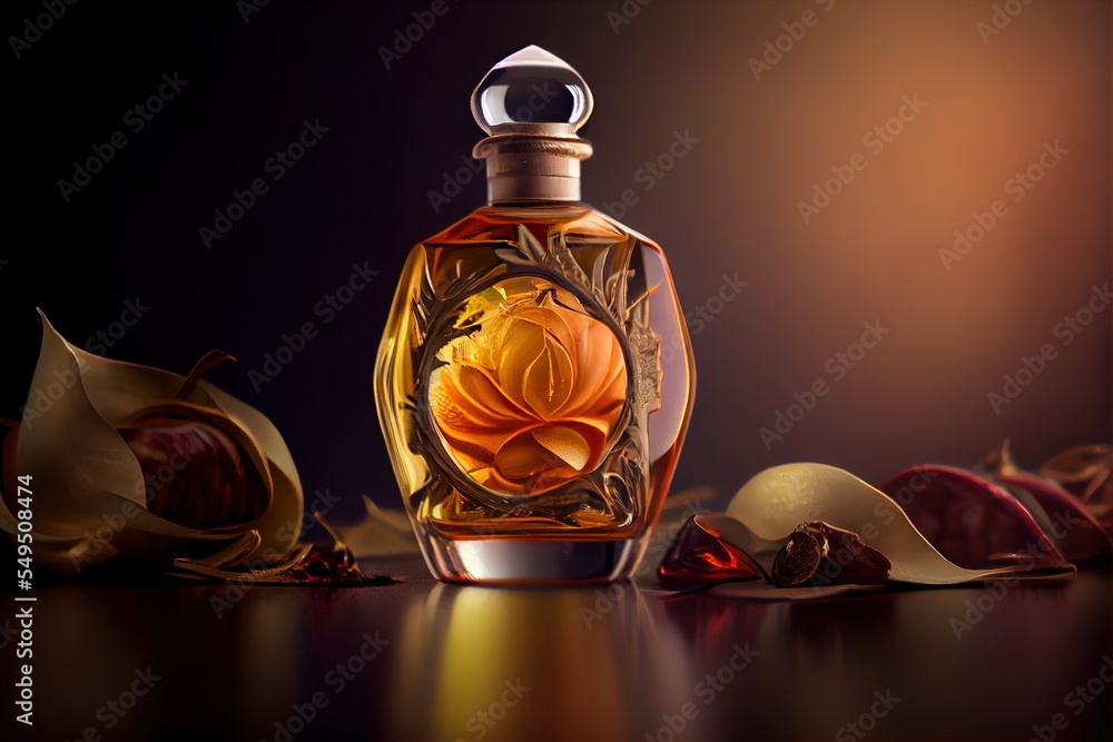 Poster a bottle of perfume with a flower on it and a few petals around it on a table with a dark background