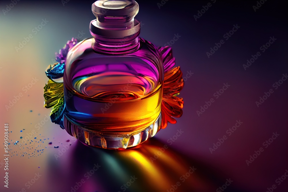 Poster a bottle of liquid with a flower on the top of it and a rainbow background with a light coming from 