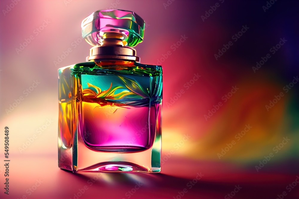 Poster a colorful bottle of perfume on a colorful background with a reflection of light on the bottle and t