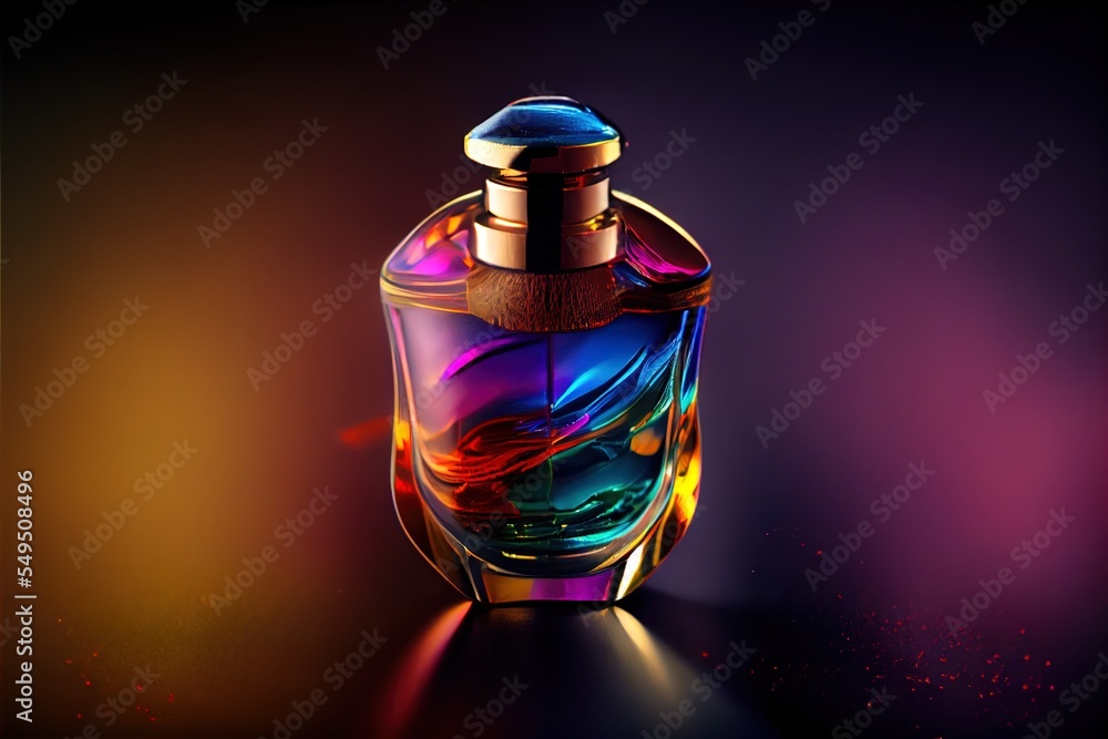 Aufkleber a colorful bottle of perfume on a dark background with a reflection of light on the bottle and the l