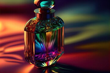  a colorful glass bottle with a colorful background behind it and a reflection of the bottle on the floor below. Generative AI