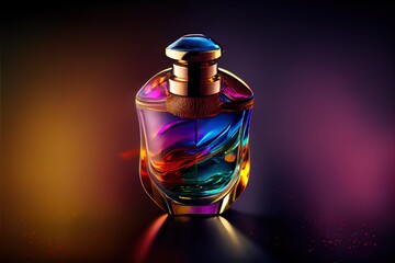  a colorful bottle of perfume on a dark background with a reflection of light on the bottle and the lid. Generative AI