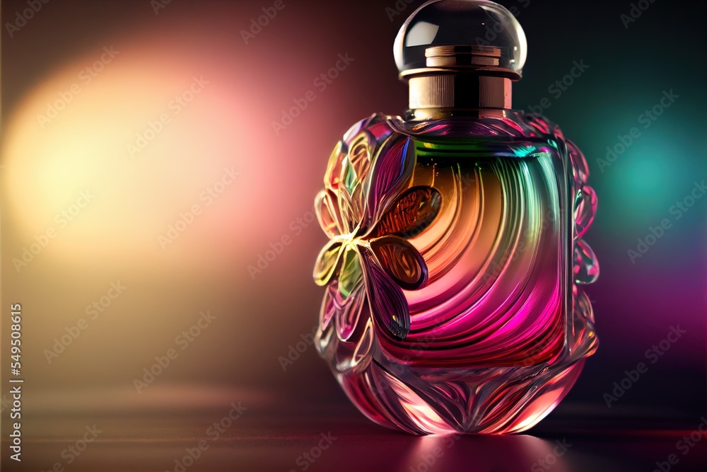 Poster a colorful bottle with a butterfly on it on a table with a blurry background and a light behind it. 