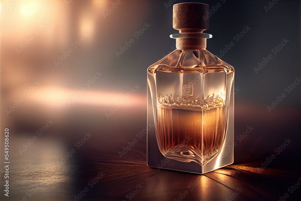 Poster a bottle of perfume sitting on a table with a light shining on it's side and a blurry background. ge