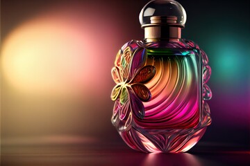  a colorful bottle with a butterfly on it on a table with a blurry background and a light behind it. Generative AI