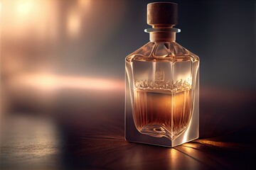  a bottle of perfume sitting on a table with a light shining on it's side and a blurry background. Generative AI