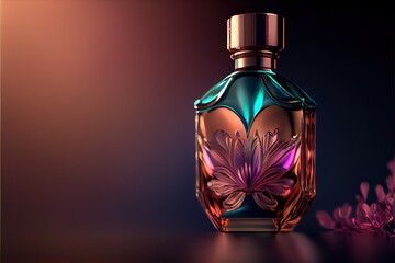  a bottle of perfume with a flower on it and a purple flower in the background with a pink flower. Generative AI