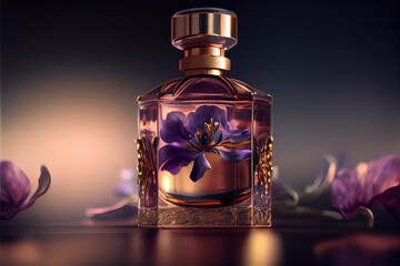  a bottle of perfume with a flower on it sitting on a table with petals around it and a blurry background. Generative AI