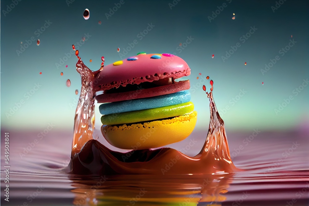 Poster a donut falling into a puddle of water with a rainbow colored doughnut on top of it. generative ai