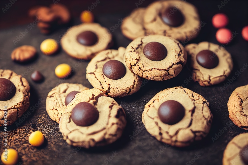 Poster a cookie with chocolate and candy on top of it on a baking sheet with other cookies and candy around