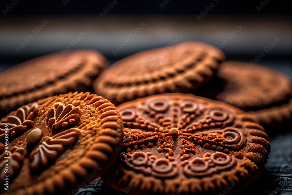 Poster a close up of a bunch of cookies on a table top with a black background and a few more cookies in th