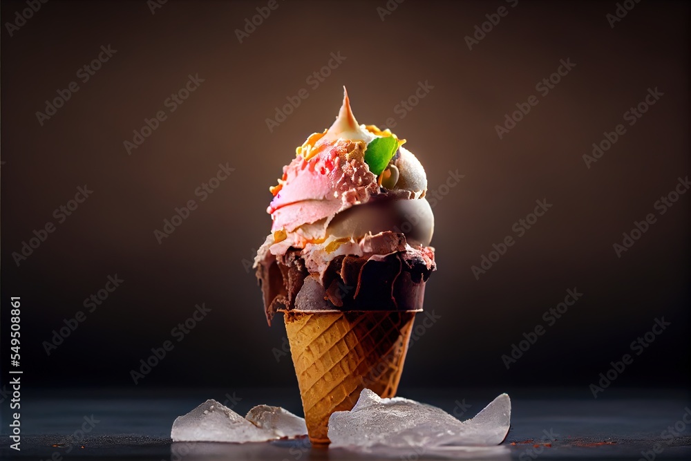Poster a chocolate ice cream cone with a chocolate cone and sprinkles on top of it. generative ai