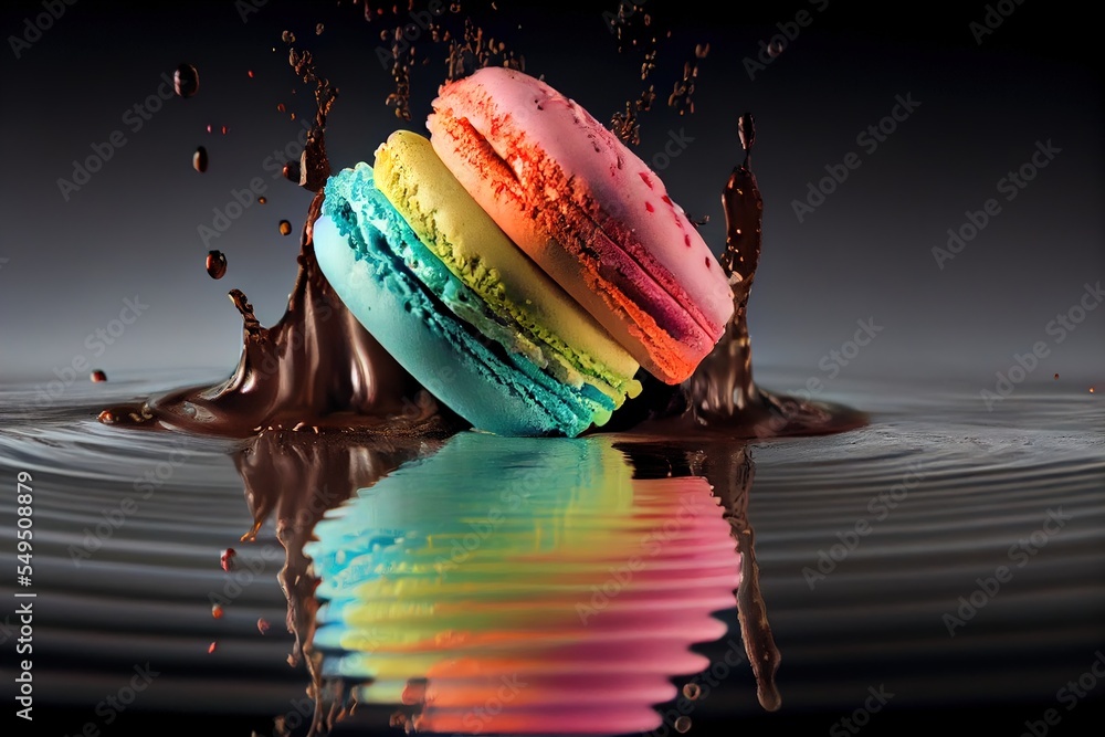 Poster a rainbow colored macaroon splashing into a puddle of water with a black background and a reflection