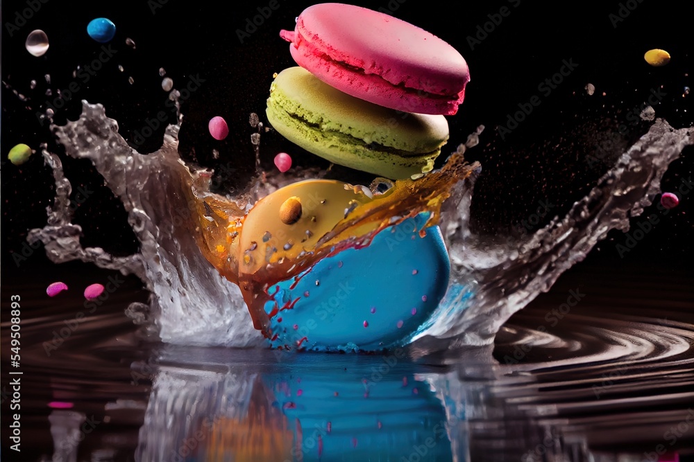 Poster a colorful doughnut falling into a puddle of water with a splash of water on it's side. generative a