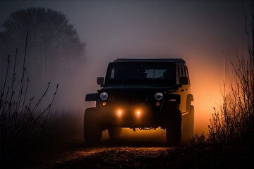  a jeep driving down a road in the foggy night time with headlights on the front of the vehicle. Generative AI - obrazy, fototapety, plakaty