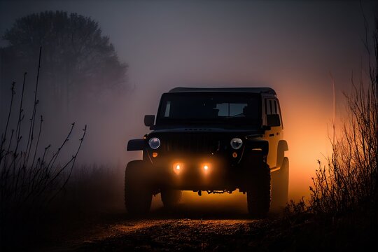  a jeep driving down a road in the foggy night time with headlights on the front of the vehicle. Generative AI