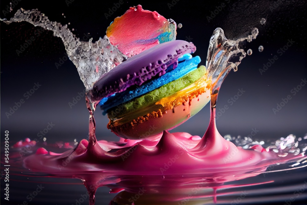 Poster a rainbow colored doughnut splashing into a puddle of water on a black background with a splash of w