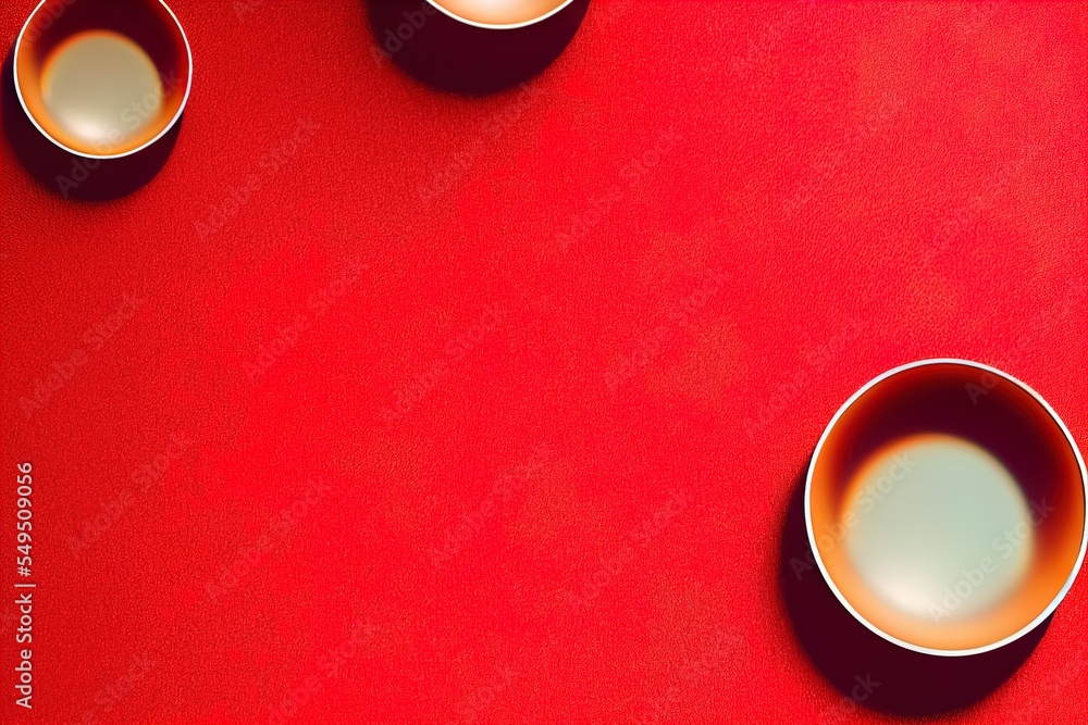 Poster  three bowls on a red surface with one empty one and one empty one on the other side of the bowl. Generative AI