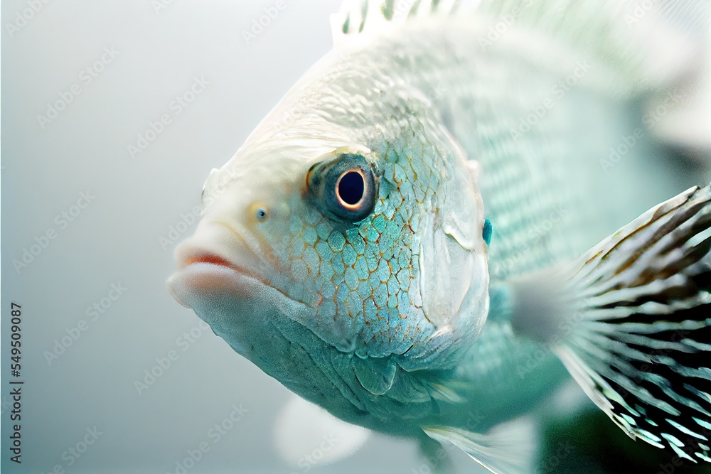 Poster a close up of a fish with a blurry background in the background and a blurry background in the foreg