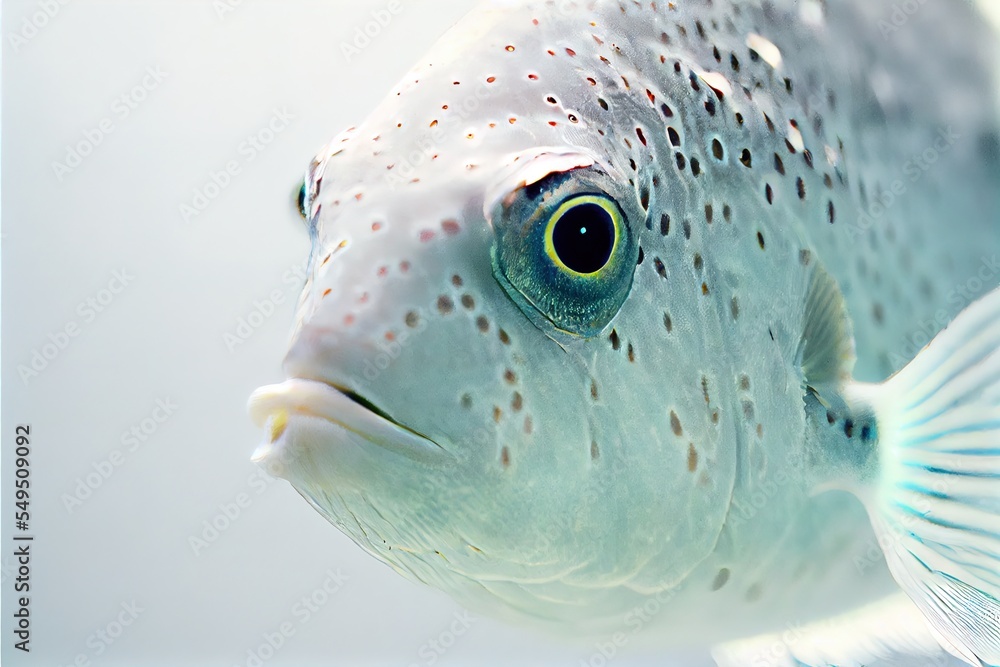 Poster a close up of a fish with a blue background and a white background with a black spot on it. generati