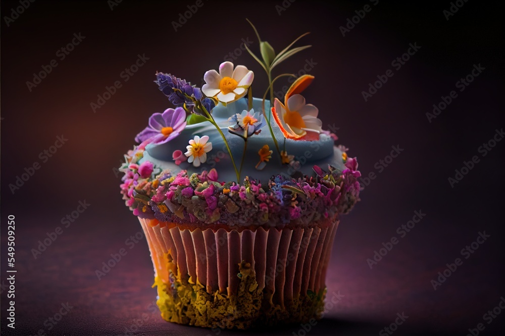 Poster a cupcake with flowers and butterflies on top of it on a table top with a dark background and a purp