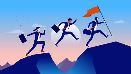 Business moving forward - Businesspeople running on mountaintop with flag eager for reaching goal and success. Flat design vector illustration - obrazy, fototapety, plakaty