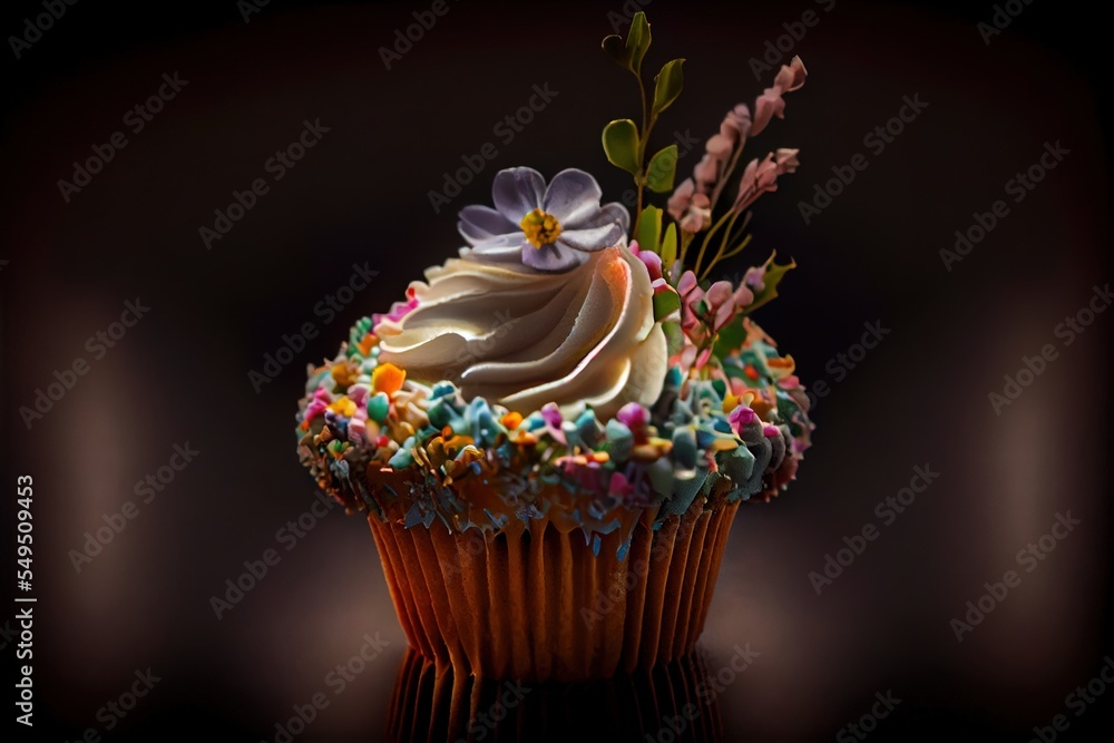 Poster a cupcake with frosting and flowers on top of it on a table top with a black background. generative 