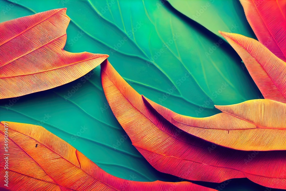 Poster a close up of a leaf with a green background and a red and yellow leaf on the bottom of the leaf. ge