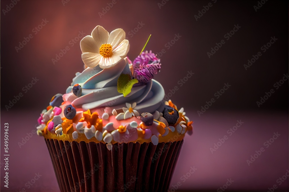 Poster a cupcake with a flower on top of it on a table with a purple background and a pink background. gene