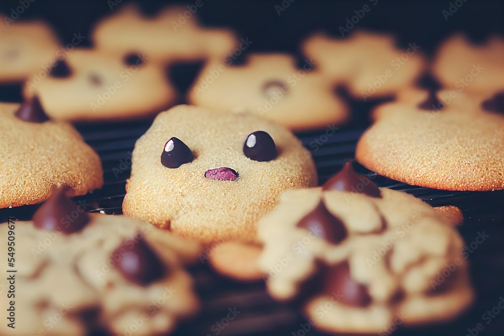 Poster a close up of a cookie with chocolate chips and a face on it's face and eyes are shown. generative a