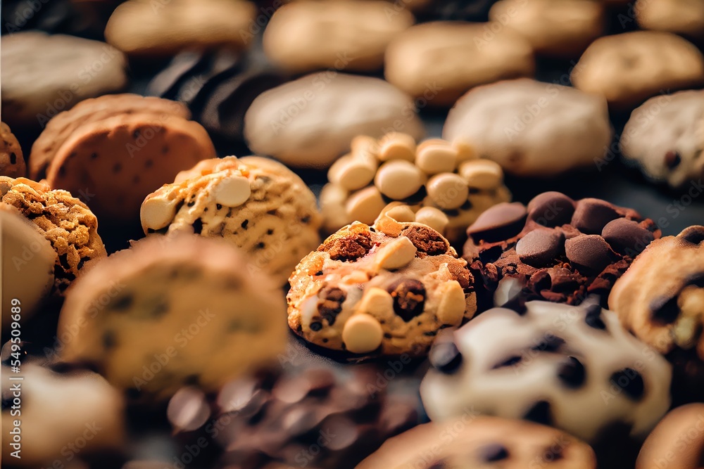 Poster a close up of a bunch of cookies and cookies on a table with chocolate chips and cookies on top. gen