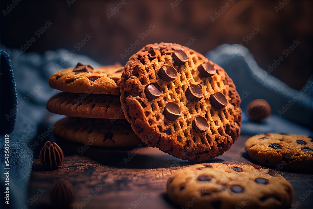 Poster a stack of cookies sitting on top of a table next to a cookie cutter and a cookie cutter with chocol