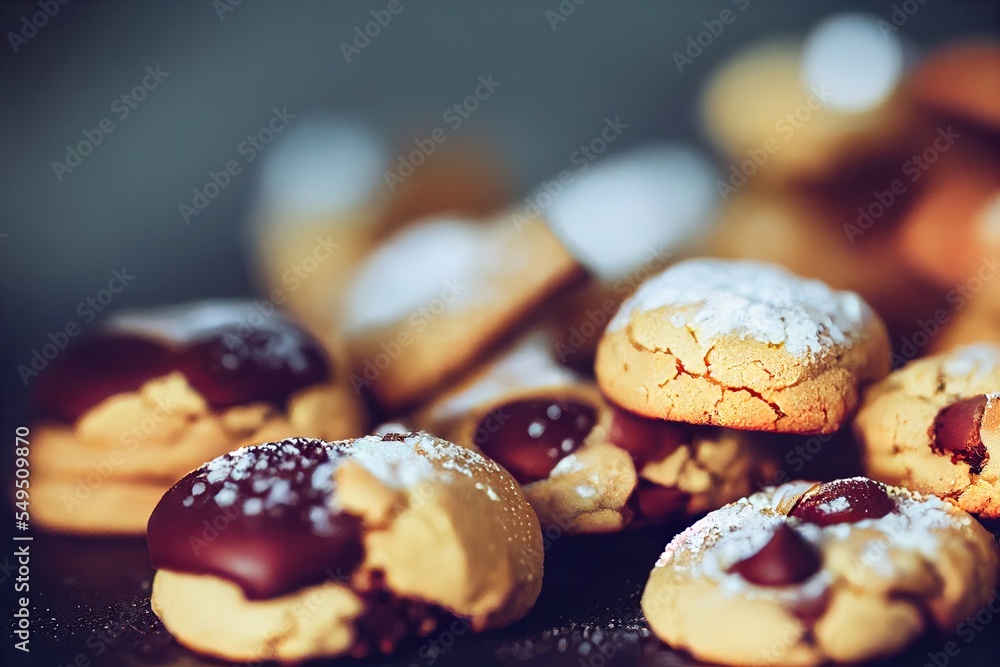 Poster  a close up of a pile of cookies with icing and chocolate on top of them and a few cookies with icing on top. Generative AI