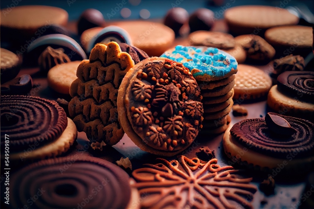 Poster a close up of a pile of cookies and cookies with frosting on them and a cookie cookie with a blue fr