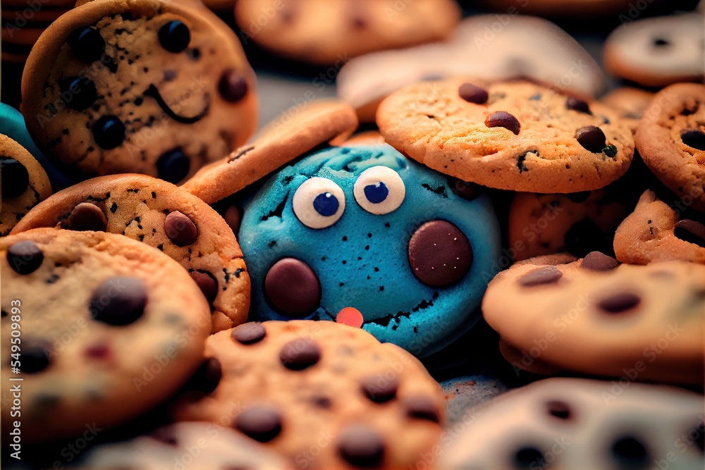 Poster a close up of a cookie with a face and eyes on it and a pile of cookies with chocolate chips. genera