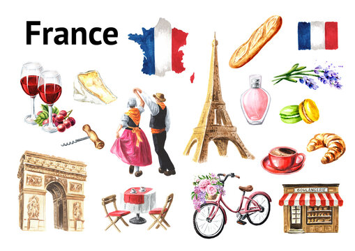 Travel to Paris, France symbols set. Hand  drawn watercolor illustration isolated on white background