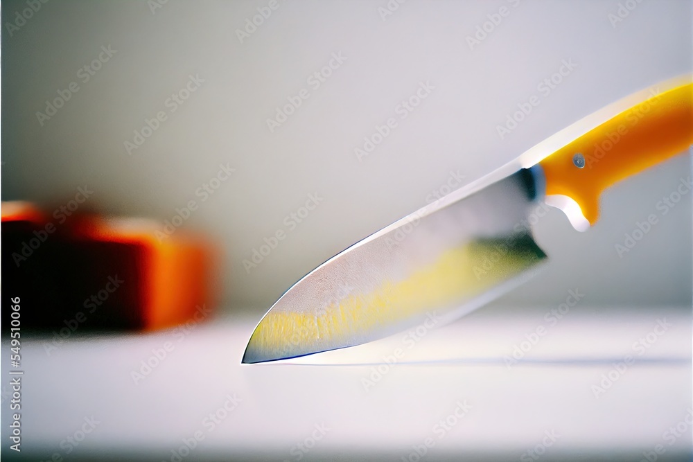 Poster a knife is being held over a table with a yellow handle and a black handle on it's end. generative a