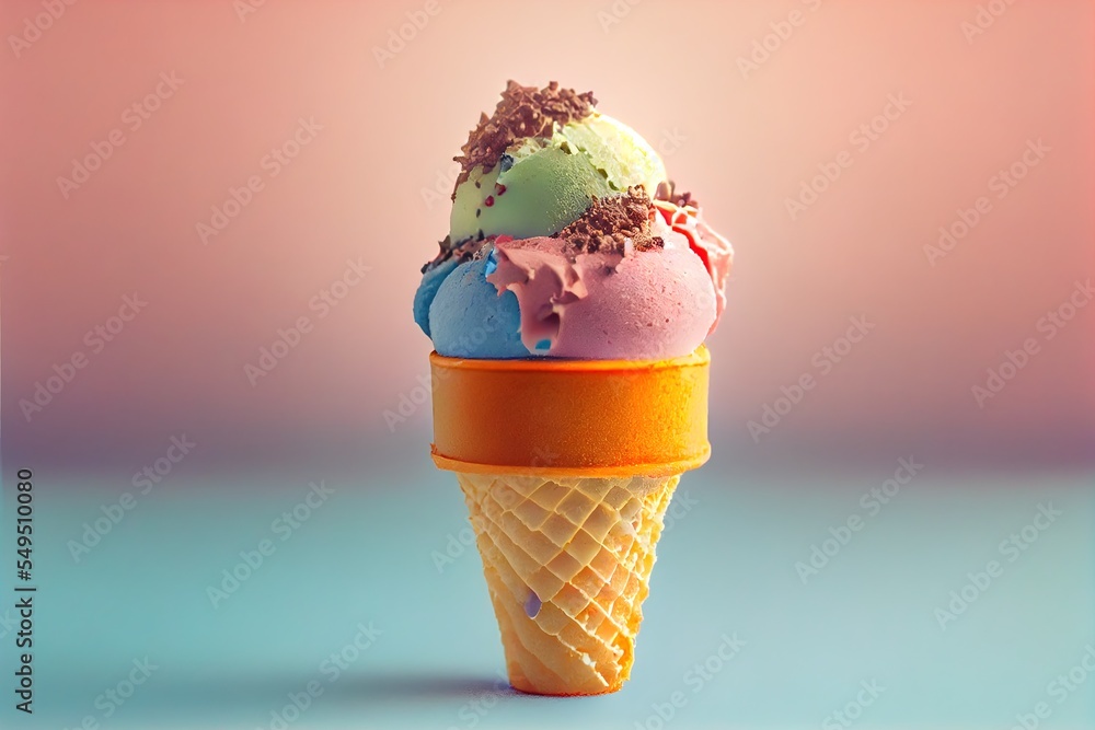 Poster a colorful ice cream cone with chocolate sprinkles and sprinkles on top of it. generative ai