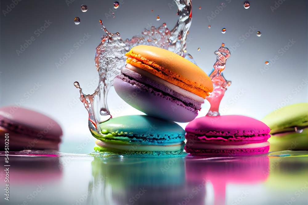 Poster a group of macaroons with water splashing on them and on the ground. generative ai