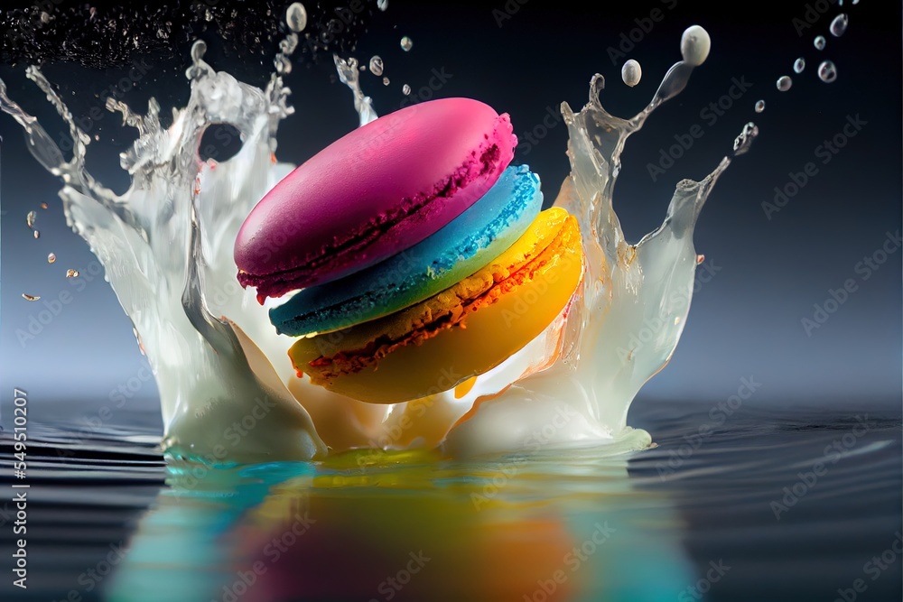 Poster a colorful macaron splashing into a puddle of water on a blue background with a splash of water. gen