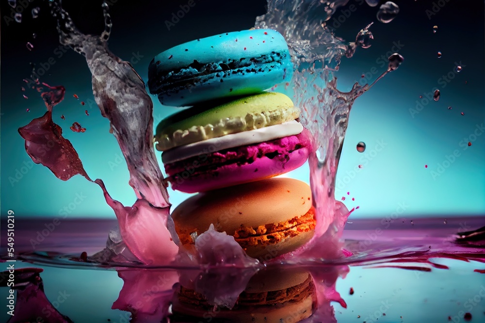 Poster a colorful macaroon falling into a puddle of water with splashing liquid on it and on top of it. gen