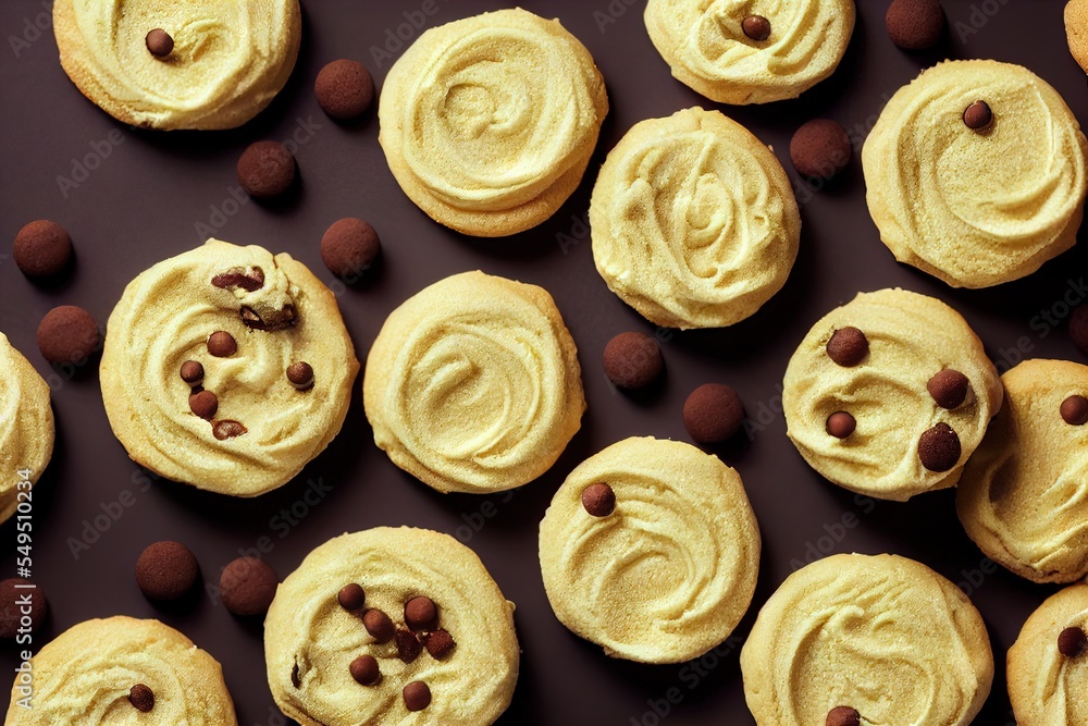 Poster a chocolate chip cookie with frosting and chocolate chips on top of it and a chocolate chip cookie w