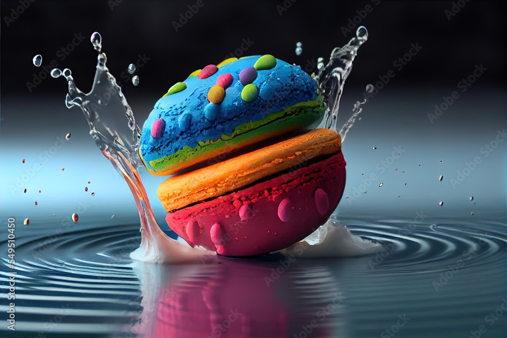 Poster a colorful doughnut splashing into a puddle of water with a splash of water on it's side. generative
