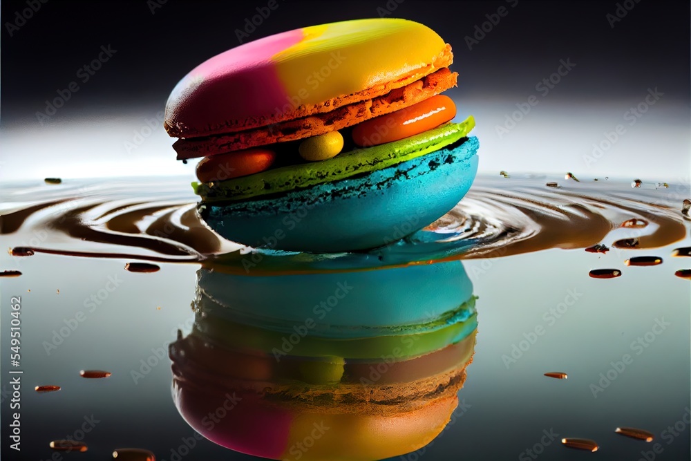 Aufkleber a colorful doughnut sitting on top of a puddle of water with a reflection of it in the water. genera